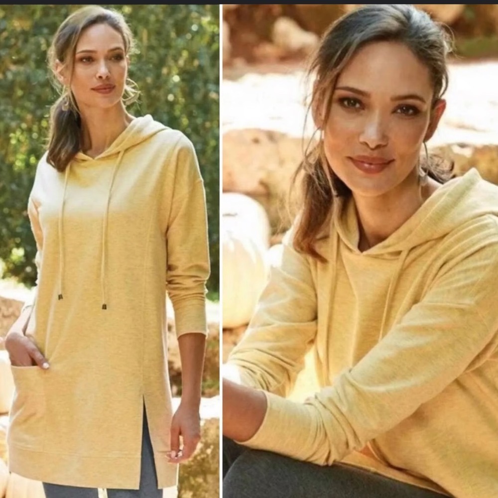 Soft Surroundings Womens Yellow Hoodie Tunic Top Long Sleeve Casual